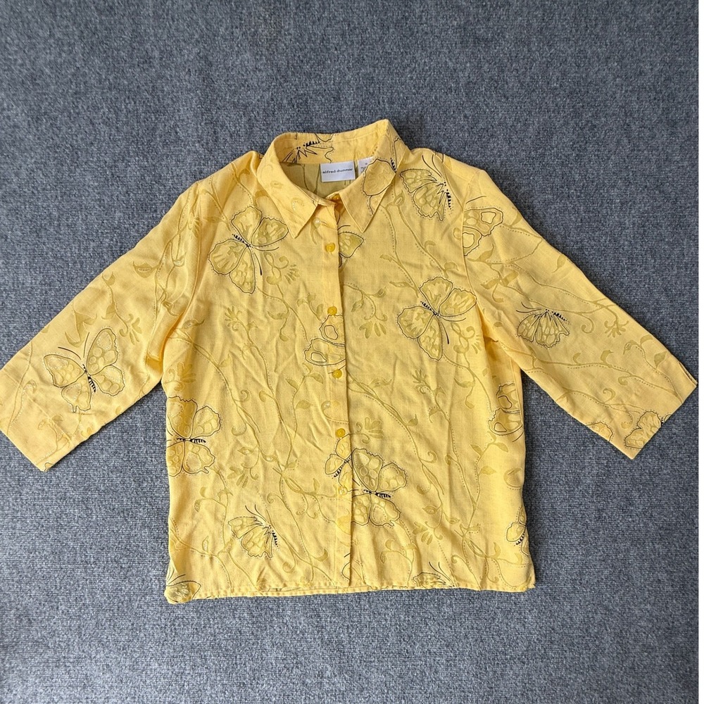 Alfred Dunner Yellow Butterfly Embroidered Button Down‎ Blouse Size 14